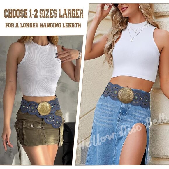 Woman\'s Western PU Leather Belts Concho Disc Wide Waist Belt Denim Bronze Buckle main image 5